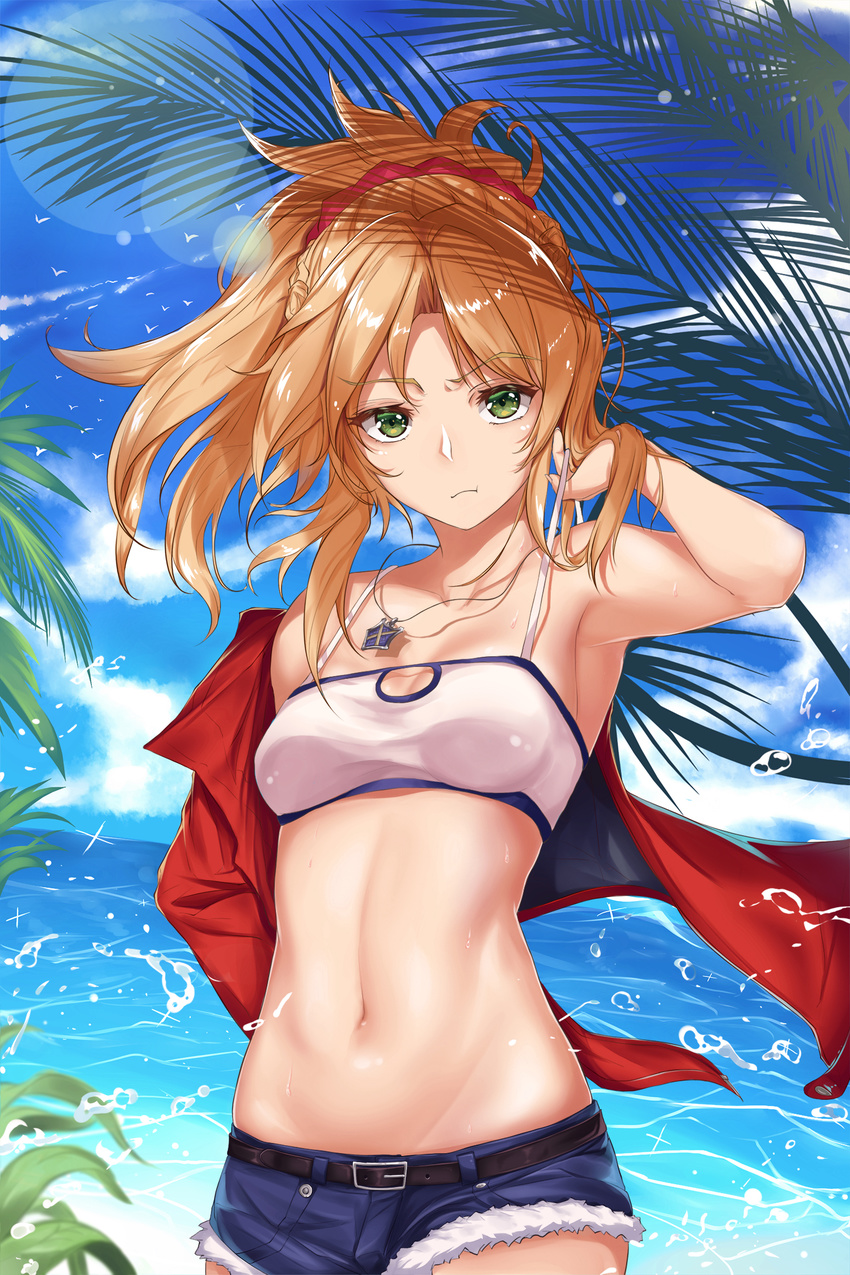 armpits beach belt bird blonde_hair blue_sky closed_mouth cloud day eyebrows_visible_through_hair fate/apocrypha fate_(series) green_eyes highres jacket jewelry konata_(knt_banri) long_hair looking_at_viewer md5_mismatch midriff mordred_(fate) mordred_(fate)_(all) navel necklace ocean outdoors pendant short_shorts shorts sky solo strap_pull