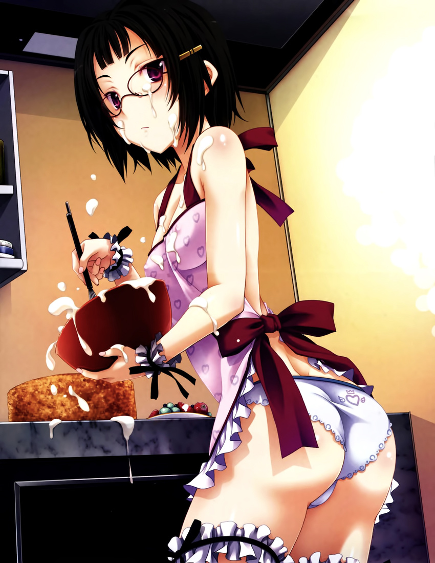 10s 1girl absurdres apron ass black_hair bowl breasts cake cooking cream cream_on_face female food fruits glasses hair_ornament hairclip high_school_dxd highres holding kitchen looking_at_viewer looking_back mixing_bowl miyama-zero no_bra oven panties purple_eyes scan short_hair small small_breasts solo sona_sitri thigh_strap underwear whip_cream whisk white_panties wrist_cuffs
