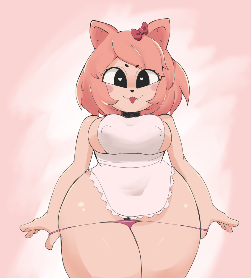 &lt;3 &lt;3_eyes anthro apron big_breasts big_thighs bow bra breasts cat clothed clothing cute feline female fur hair looking_at_viewer mammal panties pink_background pink_fur pink_hair redx331 simple_background smile solo sugar_(gats) thick_thighs underwear
