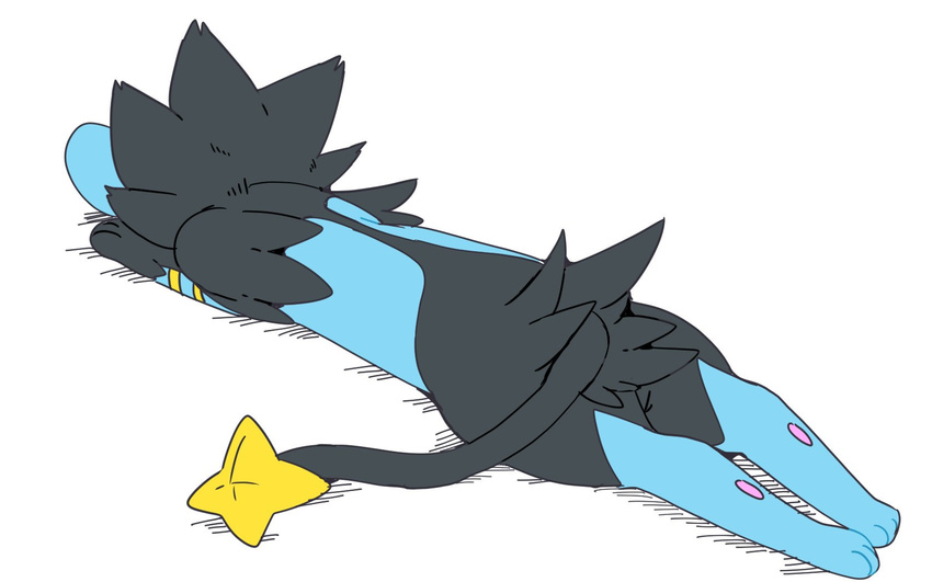 2017 ambiguous_gender black_fur blue_fur digital_media_(artwork) feline feral fur legs_together long_fur luxray lying mammal mane nintendo nude on_front outstretched_legs pok&eacute;mon rear_view simple_background solo video_games white_background winte