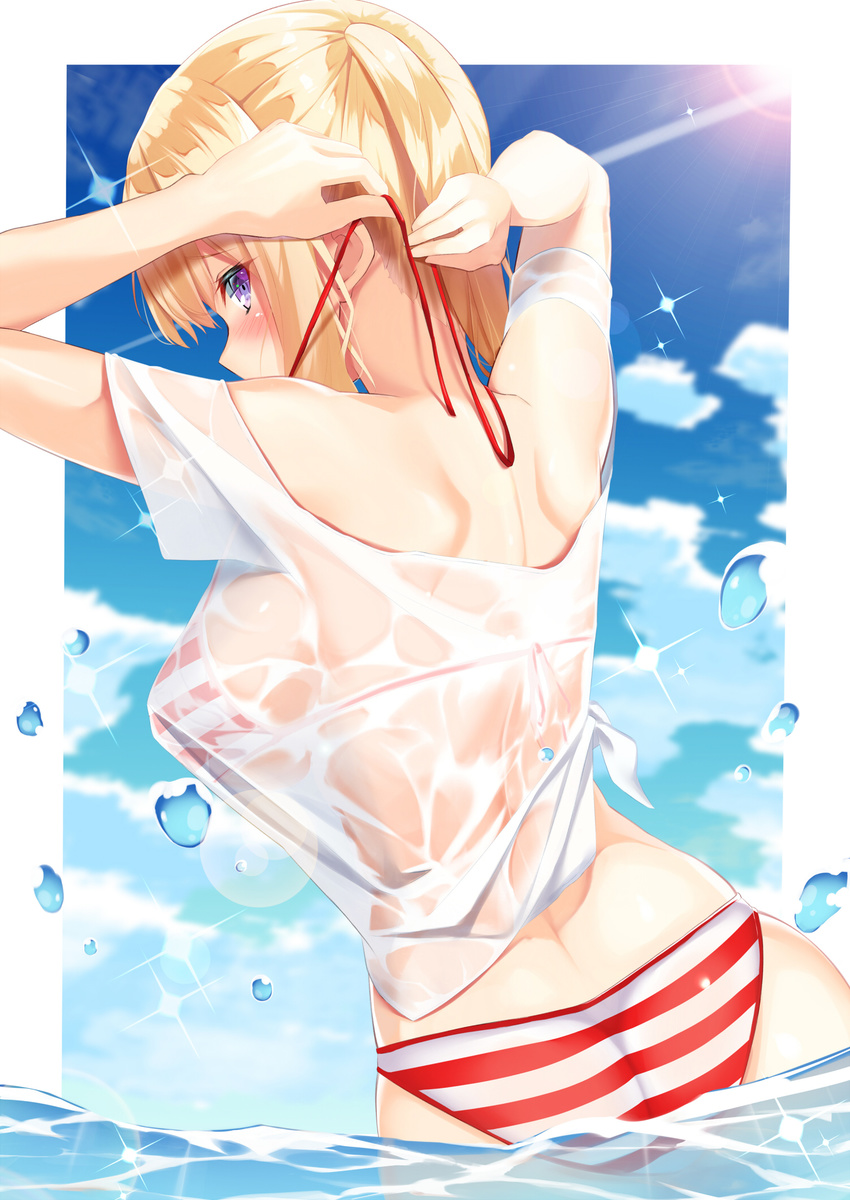arms_up ass bangs bikini blonde_hair blue_sky blush breasts closed_mouth cloud cloudy_sky commentary_request day dutch_angle eyebrows_visible_through_hair from_behind graf_zeppelin_(kantai_collection) halter_top halterneck highres kantai_collection large_breasts long_hair looking_back mirea outdoors partially_submerged profile purple_eyes red_bikini see-through shirt sideboob sidelocks sky solo sparkle striped striped_bikini sunlight swimsuit tied_shirt twintails tying tying_hair untied untied_bikini