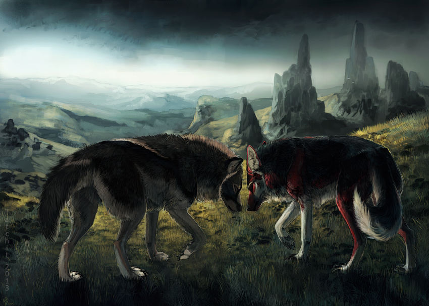 2013 ambiguous_gender black_fur black_nose canine cloud day detailed_background duo feral fur grass mammal markings mountain nature outside paws red_markings sky tatchit wolf