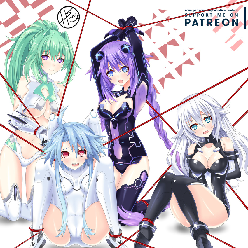 aqua_eyes arms_up bdsm black_heart blue_eyes blue_hair blush bodysuit bondage bound braid breasts cameltoe choujigen_game_neptune cleavage cleavage_cutout collar collarbone cuffs elbow_gloves embarrassed full_body gloves green_hair green_heart hair_between_eyes hair_ornament helvetica_5tandard highres large_breasts leotard long_hair looking_at_viewer medium_breasts midriff multiple_girls naughty_face navel neptune_(series) open_mouth ponytail power_symbol purple_hair purple_heart red_eyes revealing_clothes shiny shiny_clothes shiny_skin short_hair short_hair_with_long_locks sidelocks sitting smile stomach symbol-shaped_pupils thighhighs tied_hair twin_braids very_long_hair white_hair white_heart