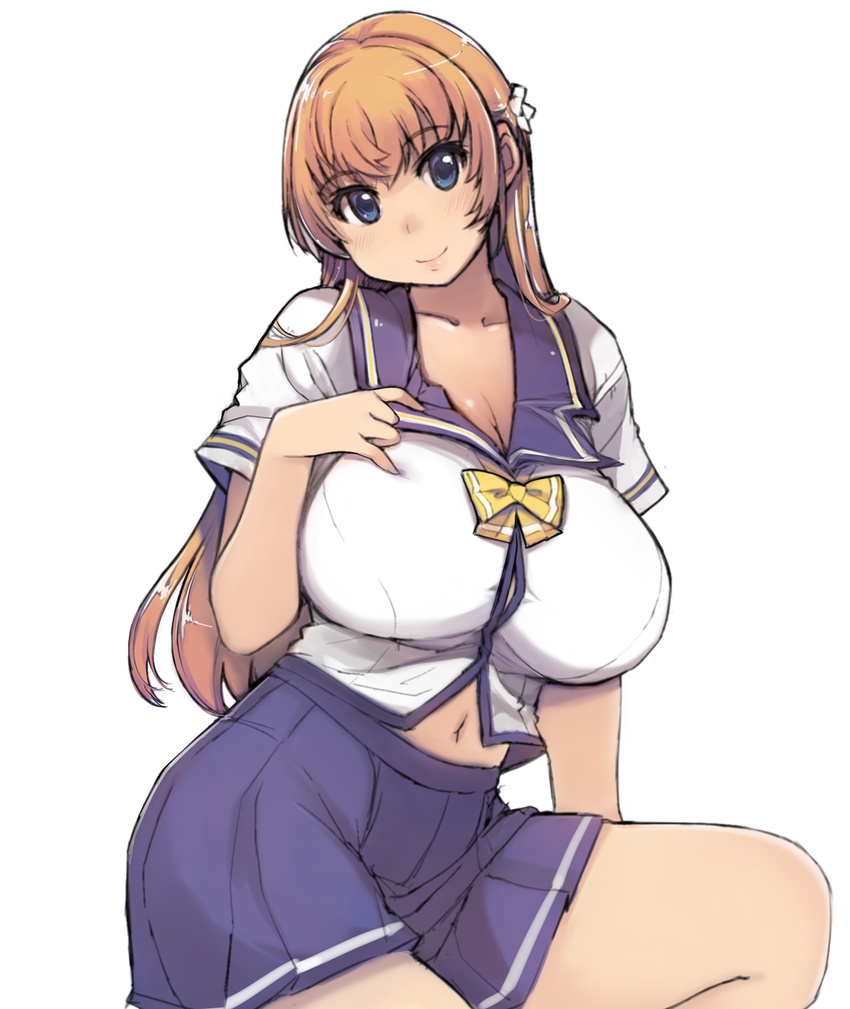 blonde_hair blue_eyes blue_skirt blush breasts eyebrows_visible_through_hair highres large_breasts long_hair looking_at_viewer mariana_princilla navel pleated_skirt reco_love reco_love_gold_beach school_uniform serafuku short_sleeves simple_background skirt smile solo white_background xration