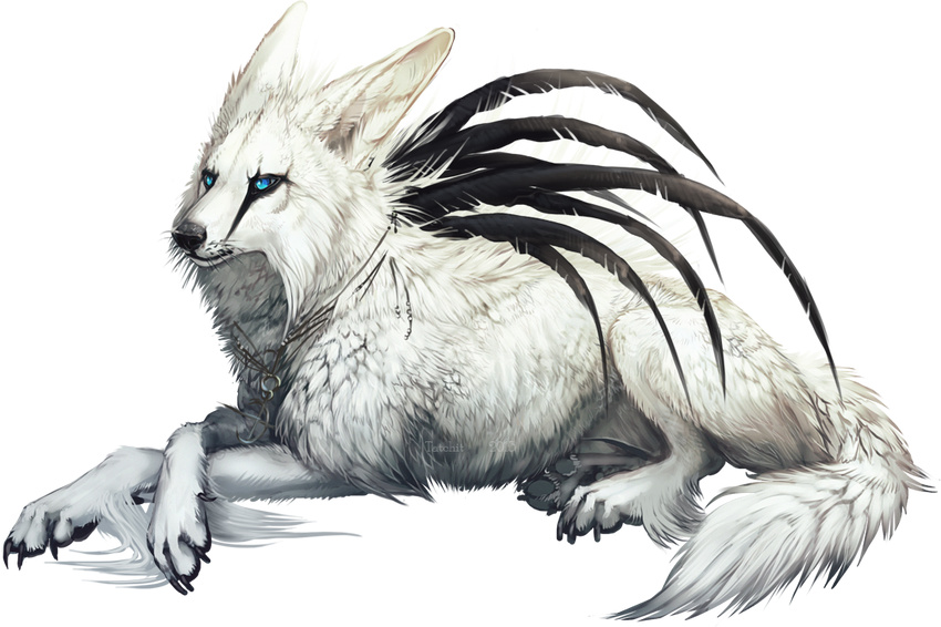 alpha_channel black_feathers black_nose blue_eyes canine feathers fox fur hybrid jewelry mammal necklace paws simple_background solo tatchit transparent_background unknown_gneder white_fur