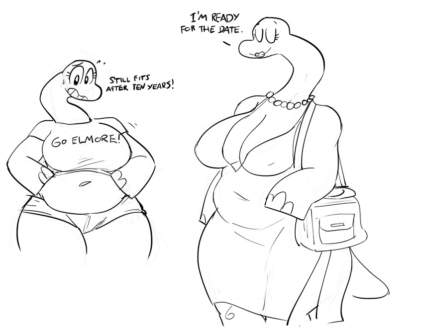 2017 aged_up anthro artbyyellowdog bag big_breasts big_thighs blush breasts cartoon_network cleavage clothed clothing collar denim_shorts digital_media_(artwork) dinosaur dress english_text eyes_closed female hi_res hooves lipstick makeup midriff molly_collins monochrome navel overweight pose short_tail shorts side_boob simple_background sketch solo standing text the_amazing_world_of_gumball thigh_clothing white_background wide_hips