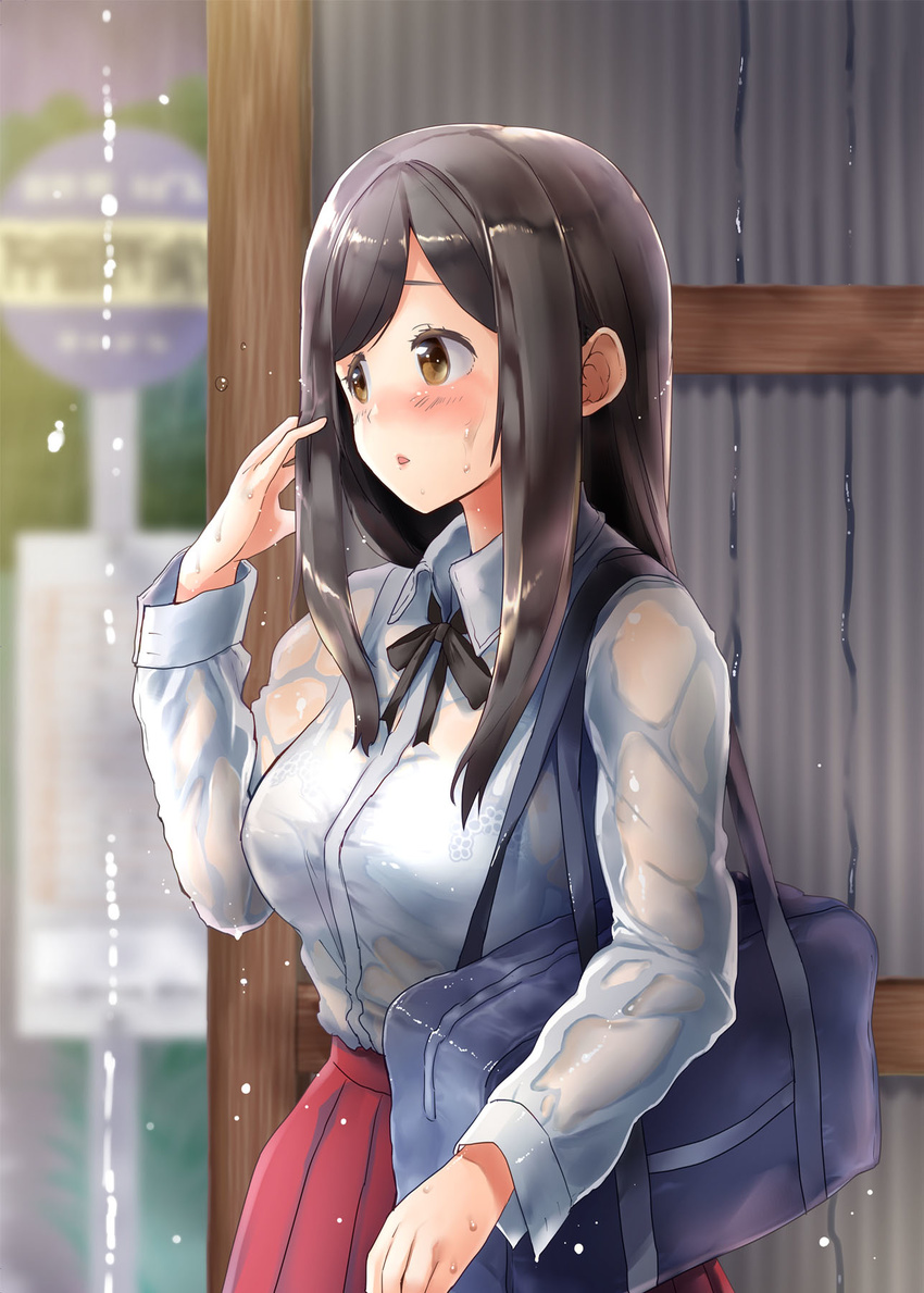 1girl black_hair blush bra breasts collared_shirt highres konsui_onaho:_nakadashi_kozukuri_hamehame_life large_breasts long_hair long_sleeves looking_away original outdoors over_shoulder parted_lips rain red_skirt school_bag school_uniform see-through sign skirt solo standing triangle! water wet wet_clothes yellow_eyes
