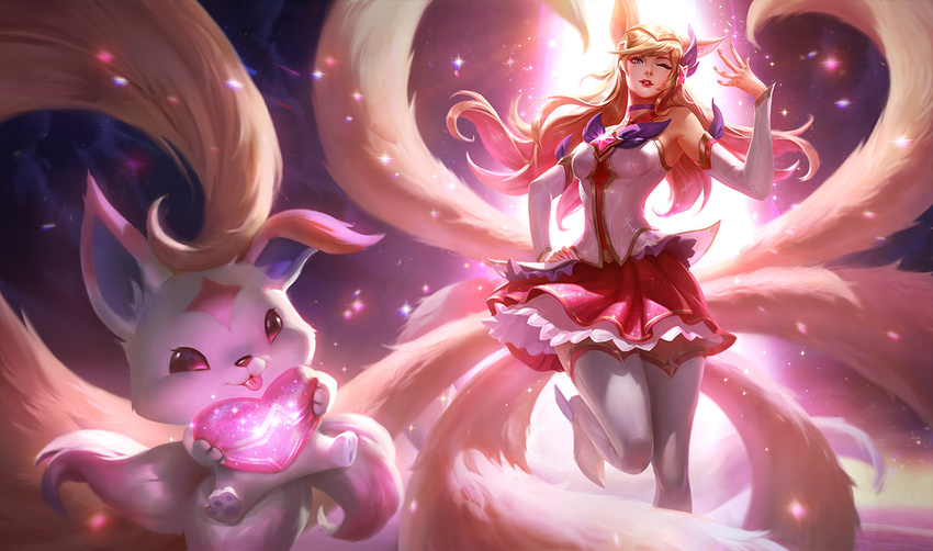 ahri animal_ears blue_eyes boots detached_sleeves familiar fox_ears fox_tail hand_on_hip heart league_of_legends lipstick long_hair looking_at_viewer magical_girl makeup multiple_tails official_art one_eye_closed pink_hair red_lipstick ribbon skirt solo star_guardian_ahri tail thigh_boots thighhighs zettai_ryouiki