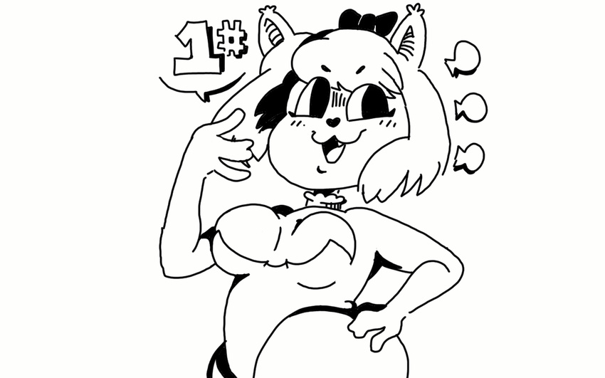 anthro big_breasts bow bra breasts cat clothed clothing cute fangs feline female gats hair mammal monochrome simple_background slightly_chubby smile solo standing sugar_(gats) text underwear white_background