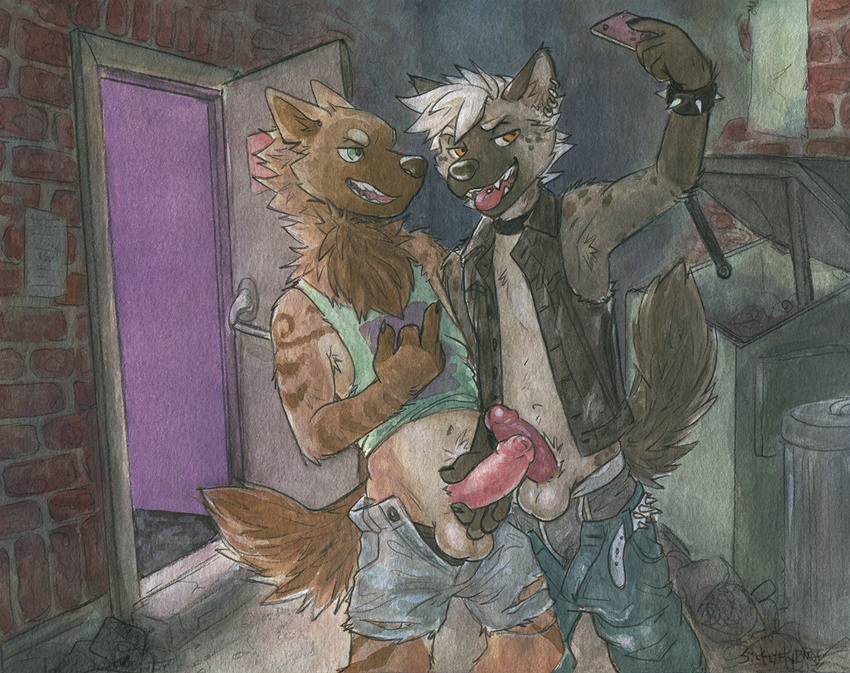 2017 anthro back_alley balls clothed clothing detailed_background duo erection fur hair humanoid_penis hyena male male/male mammal night open_mouth outside penis piercing ryff shekh sicklyhypnos smile standing tongue traditional_media_(artwork)