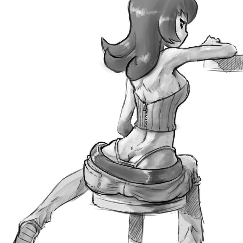 1girl ass back bare_shoulders breasts butt_crack crop_top cutesexyrobutts from_behind greyscale gym_leader highres natsume_(pokemon) pants pokemon pokemon_(game) pokemon_hgss sideboob sitting solo thong