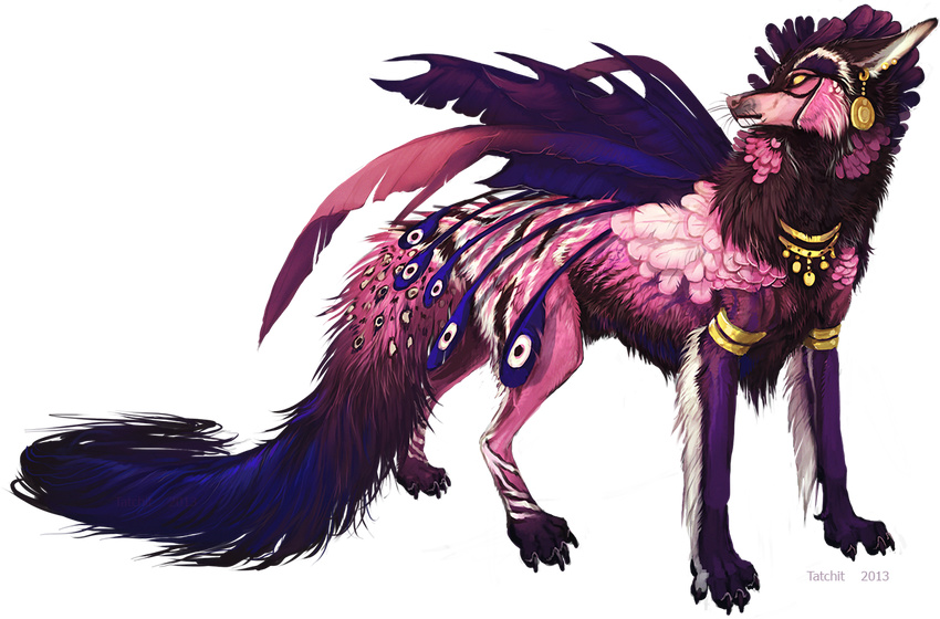 4_toes alpha_channel ambiguous_gender canine feathers feral fur hybrid mammal paws pink_fur pink_nose purple_fur simple_background solo tatchit toes transparent_background