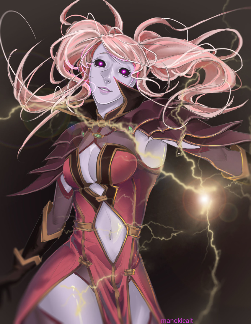 armor bad_id bad_tumblr_id black_background black_sclera breasts cleavage cleavage_cutout dark_persona electricity fire_emblem fire_emblem_echoes:_mou_hitori_no_eiyuuou fire_emblem_gaiden gloves glowing glowing_eyes highres mae_(fire_emblem) magic navel_cutout pink_hair purple_skin shoulder_armor simple_background thighhighs twintails undead