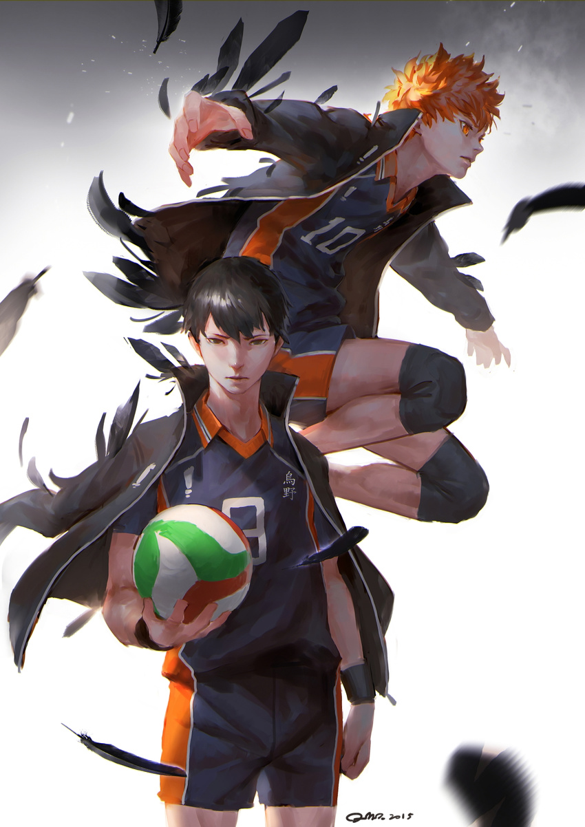 ball bangs black_hair black_jacket clenched_hand commentary_request feathers haikyuu!! highres hinata_shouyou holding holding_ball jacket jacket_on_shoulders jumping kageyama_tobio knee_pads looking_at_viewer male_focus multiple_boys open_clothes open_jacket orange_eyes orange_hair outstretched_arms qmo_(chalsoma) serious short_sleeves shorts signature standing uniform white_background wristband