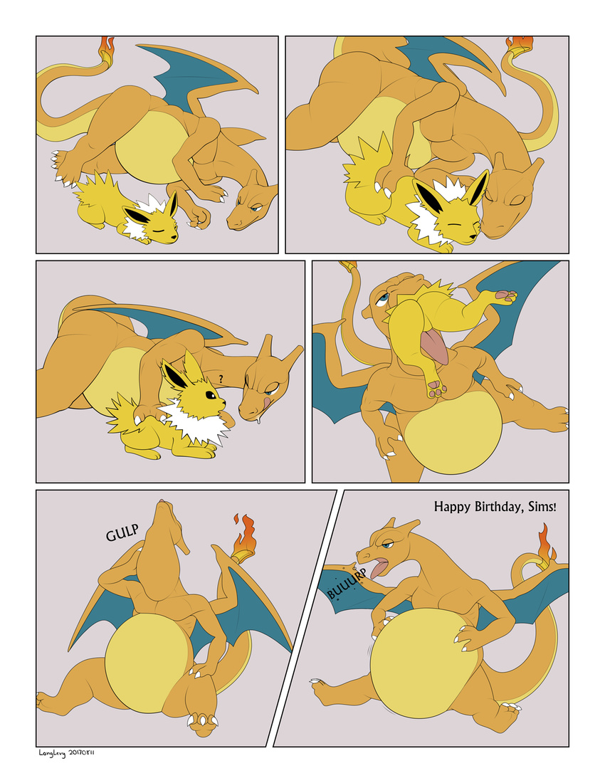 2017 belly big_belly canine charizard comic digital_media_(artwork) dragon duo eeveelution english_text feral fox grin jolteon longlevy lying mammal nintendo nude on_front oral_vore pok&eacute;mon simple_background sitting smile text tongue tongue_out video_games vore