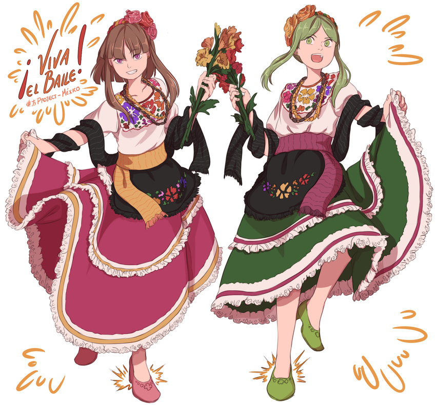 adapted_costume bangs blunt_bangs bouquet brown_hair dress floral_print flower frilled_dress frills green_dress green_eyes green_footwear green_hair hair_flower hair_ornament high_heels highres jewelry long_hair looking_at_viewer mefomefo mexican_dress multiple_girls necklace nishida_satono orange_flower orange_rose pink_dress pink_flower pink_footwear pink_rose puffy_short_sleeves puffy_sleeves purple_eyes red_flower red_rose rose shoes short_hair_with_long_locks short_sleeves sidelocks simple_background smile standing standing_on_one_leg teireida_mai touhou white_background