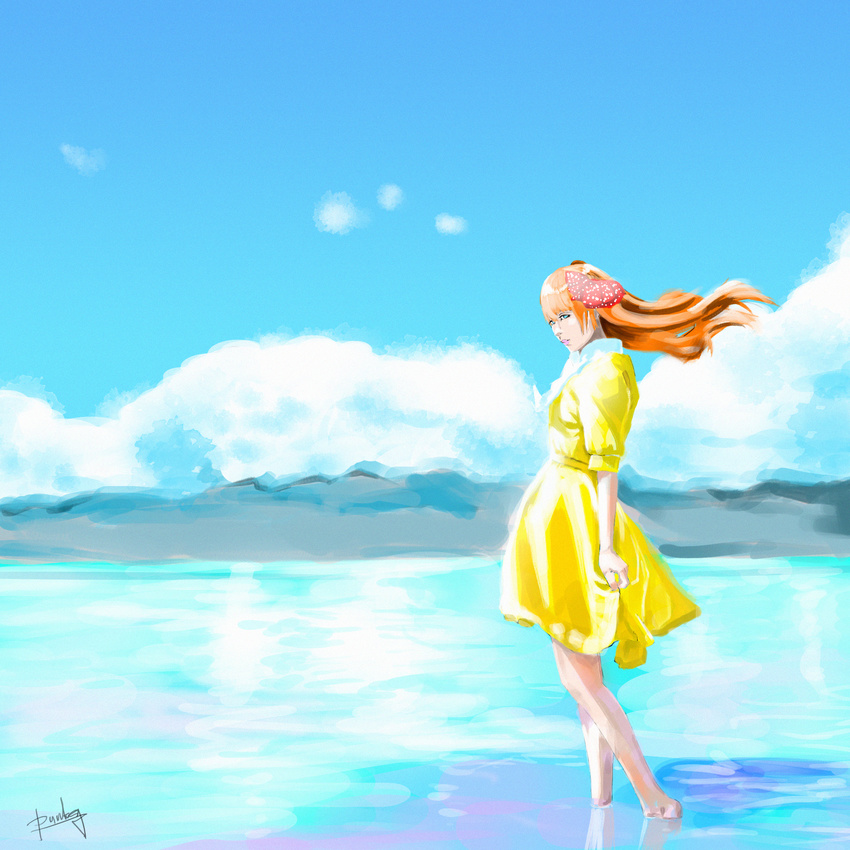 absurdres alternate_eye_color arm_at_side artist_name barefoot blue_eyes blue_sky bow cloud day dress gekkan_shoujo_nozaki-kun hair_bow highres long_hair older outdoors sakura_chiyo sergey_orlov signature skirt_hold sky solo water yellow_dress