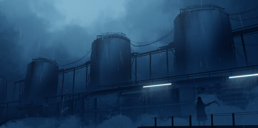 absurdres asuteroid bad_id bad_pixiv_id cloud cloudy_sky commentary_request dark dress factory highres iz_(asuteroid) light long_hair night original railing rain scenery silhouette sky solo standing very_long_hair