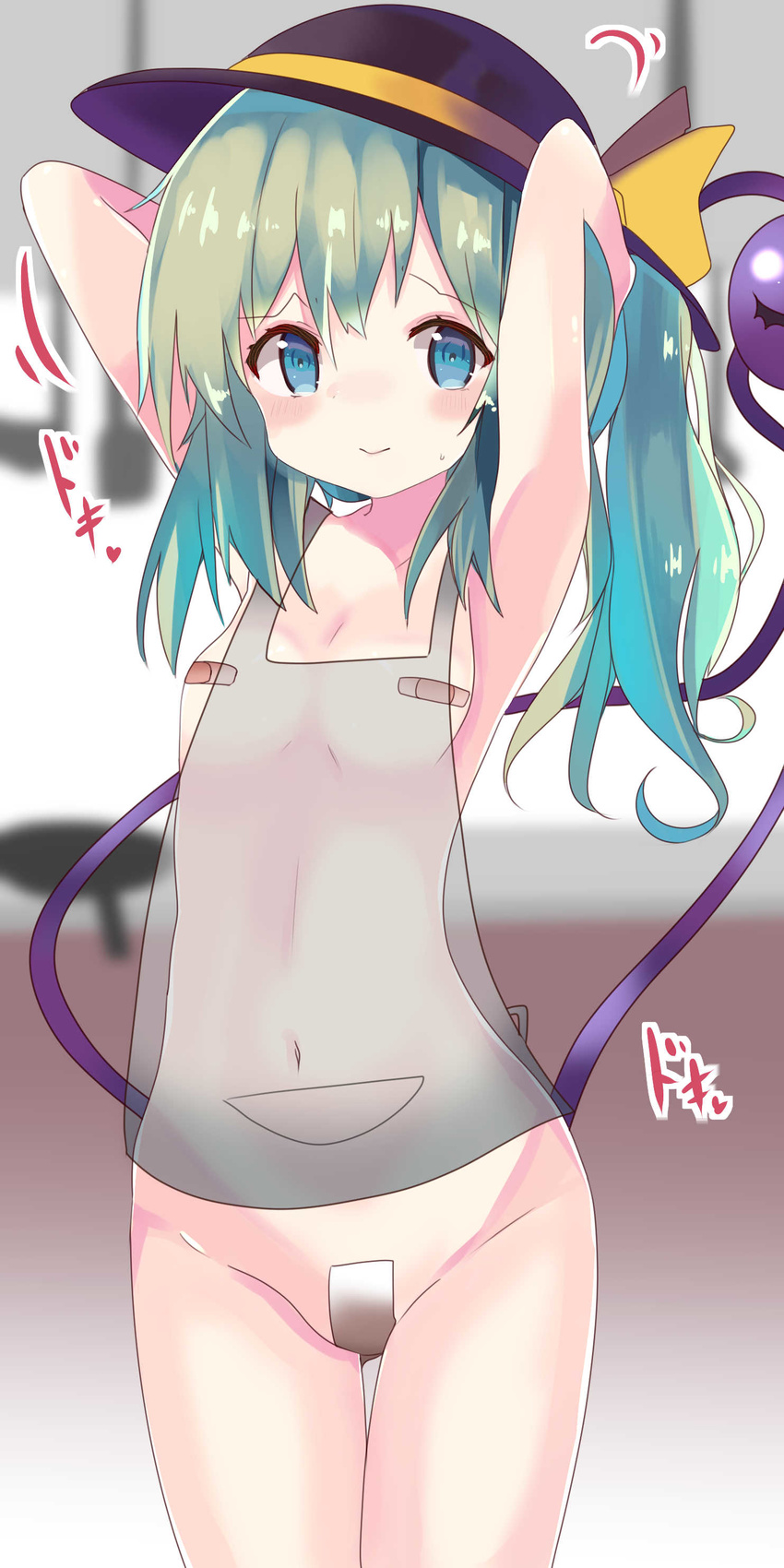absurdres alternate_hairstyle apron armpits arms_behind_head arms_up bandaid bandaids_on_nipples bangs black_hat blue_eyes blue_hair blush bow breasts closed_mouth commentary_request cowboy_shot eyebrows_visible_through_hair groin hat hat_bow heart highres komeiji_koishi long_hair looking_at_viewer motion_lines naked_apron navel pasties ponytail see-through small_breasts solo stomach sweat tape_on_pussy te_toga thigh_gap third_eye touhou