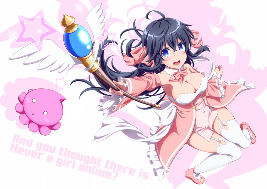 :d ahoge armpits arms_up bakuchiku bangs bare_shoulders black_hair blue_eyes blush bow bowtie breasts cleavage covered_navel creature detached_collar detached_sleeves dress english eyebrows_visible_through_hair frilled_dress frilled_sleeves frills from_above full_body garter_straps gem hair_between_eyes hair_bow hair_ornament highres holding holding_staff holding_wand knees_together_feet_apart lace-trimmed_garter_straps large_breasts long_hair long_sleeves looking_at_viewer midriff navel netoge_no_yome_wa_onna_no_ko_janai_to_omotta? no_bra open_mouth outstretched_arm pelvic_curtain pink_bow pink_dress pink_footwear pink_neckwear shadow shiny shiny_hair shoes side_slit simple_background sitting smile solo staff star starry_background strapless strapless_dress strappy_heels tamaki_ako teeth thighhighs tongue upper_teeth wand white_background white_legwear wide_sleeves wing_collar wings zoom_layer