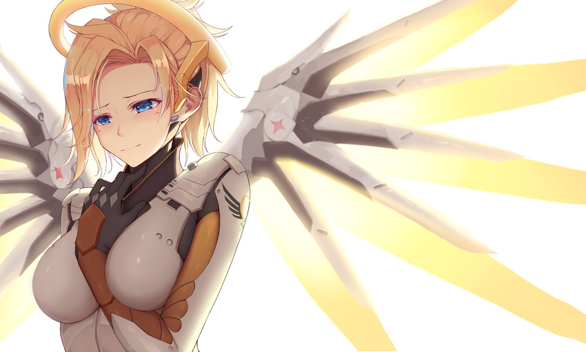 absurdres armor between_breasts black_gloves blonde_hair blue_eyes blush bodysuit boobplate breastplate breasts closed_mouth eyelashes gloves glowing glowing_wings hand_between_breasts hand_on_own_chest hand_on_own_neck hand_up headgear highres large_breasts light_smile long_hair long_sleeves looking_away mechanical_halo mechanical_wings mercy_(overwatch) nose overwatch ponytail rafael-m revision short_hair simple_background skin_tight solo spread_wings turtleneck upper_body white_background wing_print wings yellow_wings
