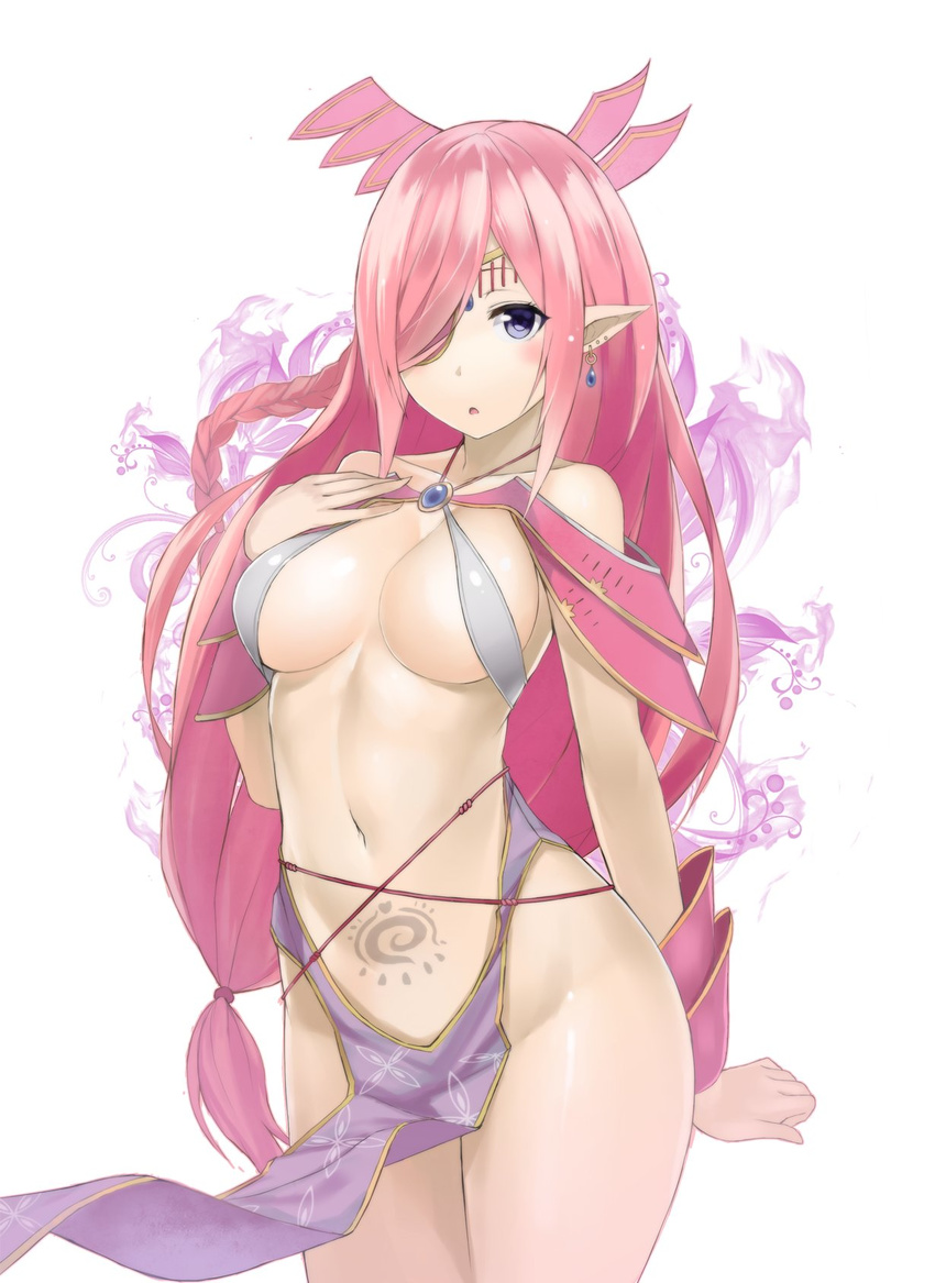 bare_shoulders blush braid breasts brooch cleavage cowboy_shot earrings hair_ornament hair_over_one_eye halterneck hand_on_own_chest highres jewelry large_breasts long_hair looking_at_viewer low-tied_long_hair multiple_earrings nakamura_nagare navel parted_lips pelvic_curtain phantasy_star phantasy_star_online_2 pink_hair pointy_ears purple_eyes revealing_clothes side_braid simple_background solo stud_earrings very_long_hair white_background wrist_cuffs