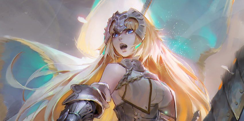 armor bangs bare_shoulders blonde_hair blue_eyes breasts cape chain commentary_request corset dress fate/apocrypha fate_(series) gauntlets jeanne_d'arc_(fate) jeanne_d'arc_(fate)_(all) large_breasts long_hair looking_afar open_mouth plate_armor qmo_(chalsoma) ribbed_dress solo upper_body