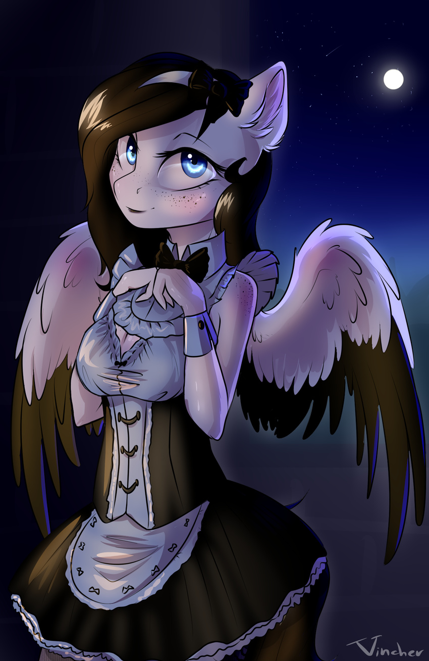 2017 anthro black_hair clothed clothing equine fan_character feathered_wings feathers female freckles full_moon hair hi_res lamika looking_at_viewer mammal moon my_little_pony night outside pegasus smile solo vincher wings