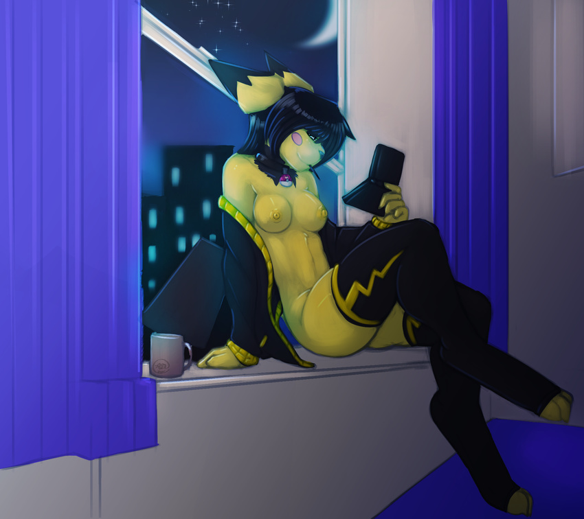 2014 3ds anthro anthrofied avante92 black_hair breasts city clothed clothing cup curtains detailed_background female hair handheld hi_res holding_object inside legwear mammal moon night nintendo nipples partially_clothed pichu pok&eacute;ball pok&eacute;mon pok&eacute;morph rodent sitting sky solo star starry_sky video_games yellow_nipples yellow_skin