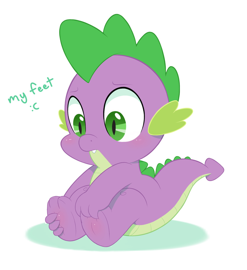 2015 :c acstlu cub cute dragon english_text fangs feet feral friendship_is_magic green_eyes hi_res male my_little_pony pain purple_body purple_scales sad scales scalie semi-anthro simple_background sitting slit_pupils solo spike_(mlp) spines text white_background young
