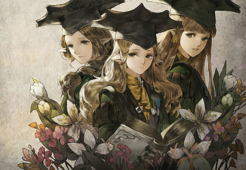 baiguiyu bangs black_eyes blunt_bangs book braid brown_hair closed_mouth commentary expressionless final_fantasy final_fantasy_xiv flower green_jacket grey_background hat jacket light_smile long_hair looking_at_viewer looking_away looking_back looking_to_the_side medal multiple_girls open_book parted_lips pointy_ears pouch scholar_(final_fantasy) shirt yellow_shirt