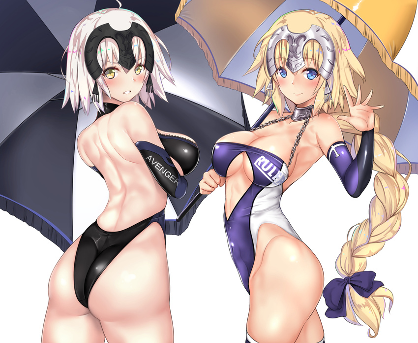 arched_back argyle_cutout ass bangs bare_shoulders blonde_hair blue_bow blue_eyes blue_leotard blush bow braid breasts chain character_name cleavage cleavage_cutout closed_mouth collar commentary_request detached_sleeves fate/apocrypha fate/grand_order fate_(series) hair_bow hand_up headpiece highres hips jeanne_d'arc_(alter)_(fate) jeanne_d'arc_(fate) jeanne_d'arc_(fate)_(all) large_breasts leotard long_braid long_hair looking_at_viewer looking_to_the_side metal_collar multiple_girls parasol race_queen short_hair silver_hair simple_background single_braid smile thighs umbrella untsue very_long_hair waving white_background yellow_eyes