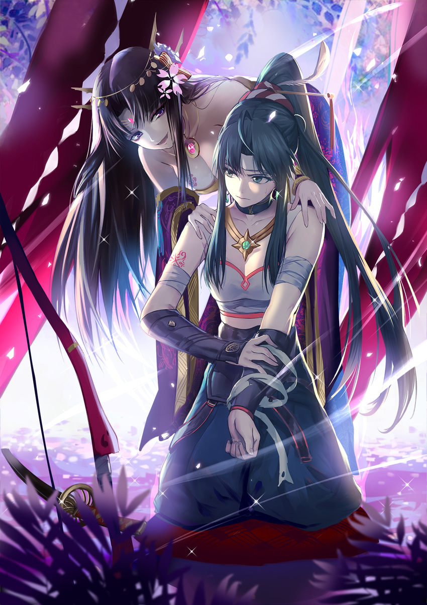 bandages bare_shoulders bible_bullet black_hair bow_(weapon) breasts clare_(543) cleavage detached_collar earrings flower green_eyes hair_flower hair_ornament headdress highres japanese_clothes jewelry kimono kneeling long_hair looking_at_another medium_breasts multiple_girls necklace off_shoulder petals ponytail purple_eyes sword tattoo weapon wrist_guards
