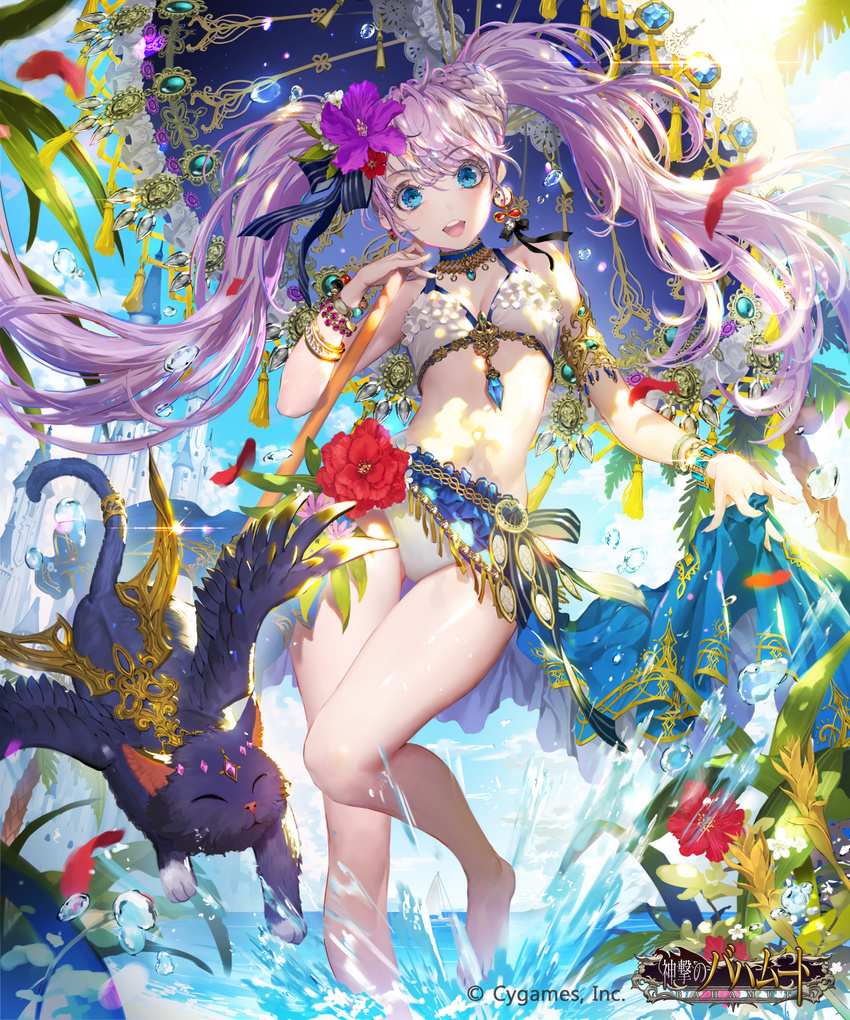 :d animal armlet bangs bare_arms bare_legs bare_shoulders barefoot bikini black_cat black_wings blue_eyes blue_ribbon blue_sky bracelet braid breasts cat cloud contrapposto day earrings eyebrows_visible_through_hair eyelashes feathered_wings fingernails floating_hair flower forehead_jewel frilled_bikini frills gem glint hair_between_eyes hair_flower hair_ornament hair_ribbon hand_up headpiece hibiscus highres holding holding_umbrella jewelry leaf leg_up long_fingernails long_hair looking_at_viewer navel necklace ocean open_mouth original outdoors petals pink_lips plant purple_flower purple_hair red_flower ribbon rose_petals sky small_breasts smile solo splashing spread_wings standing standing_on_one_leg stomach striped striped_ribbon swimsuit tassel thigh_gap tob twintails umbrella upper_teeth very_long_hair wading water water_drop wings