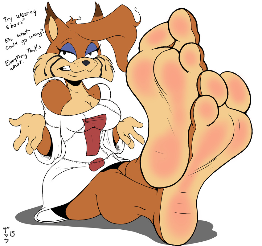 ! 2016 3_toes 4_fingers anthro barefoot big_feet breasts bubsy bubsy_(series) cat clothing crossgender english_text feet feline female foot_focus hi_res humanoid_feet makeup mammal mascara paws plantigrade shirt signature simple_background solo stitches text toes video_games white_background zp92