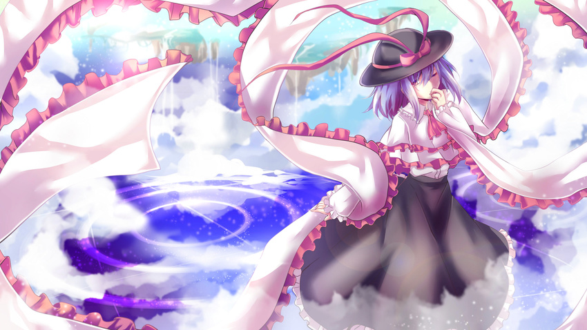 black_skirt bow capelet commentary_request covering_mouth floating_island frills hair_between_eyes hat hat_bow highres long_skirt long_sleeves looking_at_viewer nagae_iku nga_(artist) one_eye_closed purple_hair red_bow red_eyes shawl shirt short_hair skirt solo touhou white_shirt