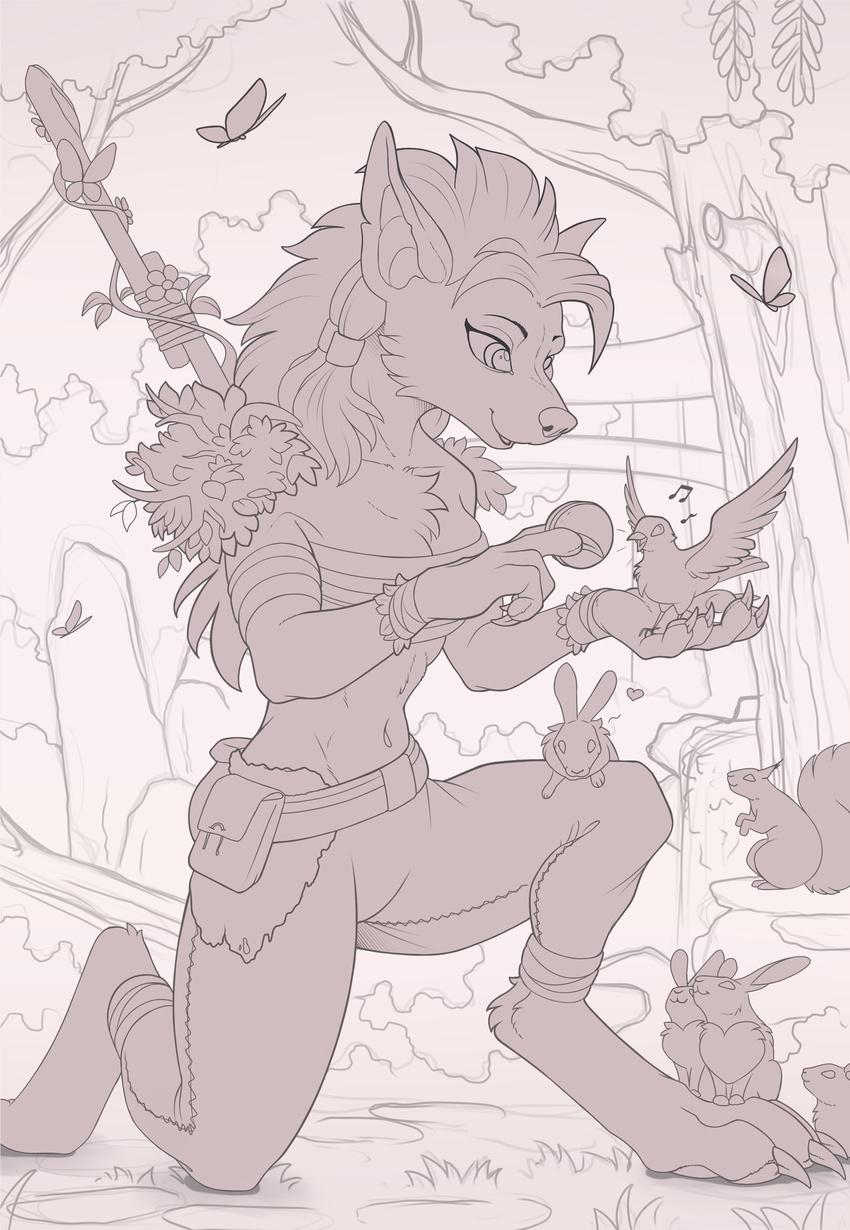 anthro avian barefoot bird canine clothed clothing day detailed_background digitigrade druid female fur grass hair kneeling magic_user mammal outside sketch smile tribal_spellcaster video_games warcraft were werewolf worgen yakovlev-vad