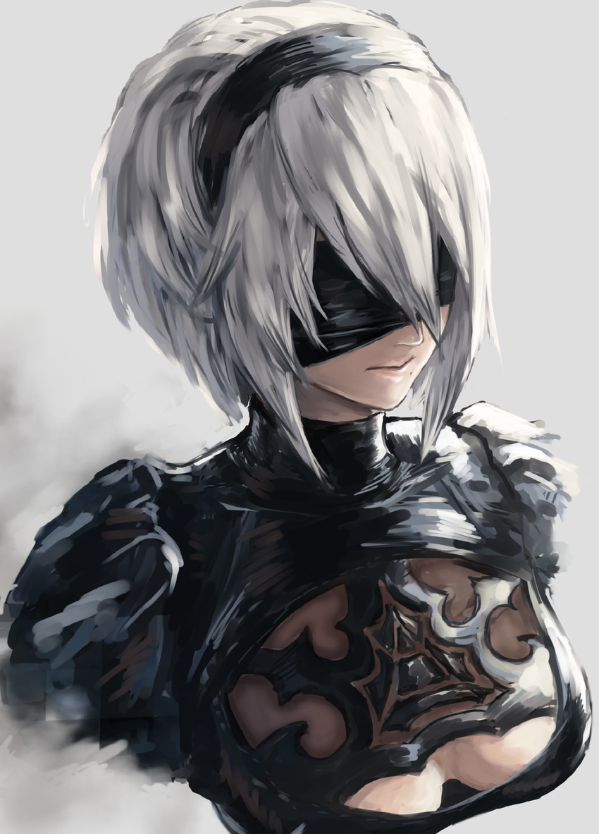 absurdres bangs blindfold breasts center_opening cleavage closed_mouth dress hairband highres medium_breasts mole mole_under_mouth na_(oagenosuke) nier_(series) nier_automata puffy_sleeves short_hair solo turtleneck upper_body white_background yorha_no._2_type_b