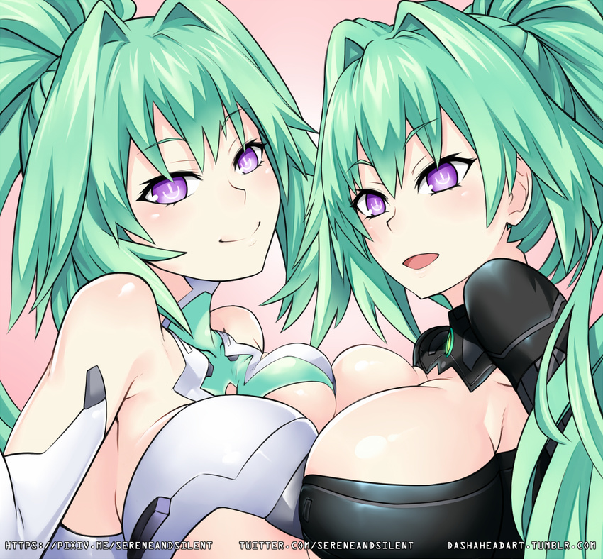 blush bodysuit breast_press breasts choujigen_game_neptune cleavage closed_mouth commentary_request dual_persona gloves green_hair green_heart group_sex kami_jigen_game_neptune_v large_breasts long_hair looking_at_viewer multiple_girls neptune_(series) open_mouth pink_background ponytail pov power_symbol purple_eyes revision sereneandsilent shiny shiny_hair shiny_skin solo_focus symbol-shaped_pupils symmetrical_docking threesome tied_hair upper_body very_long_hair