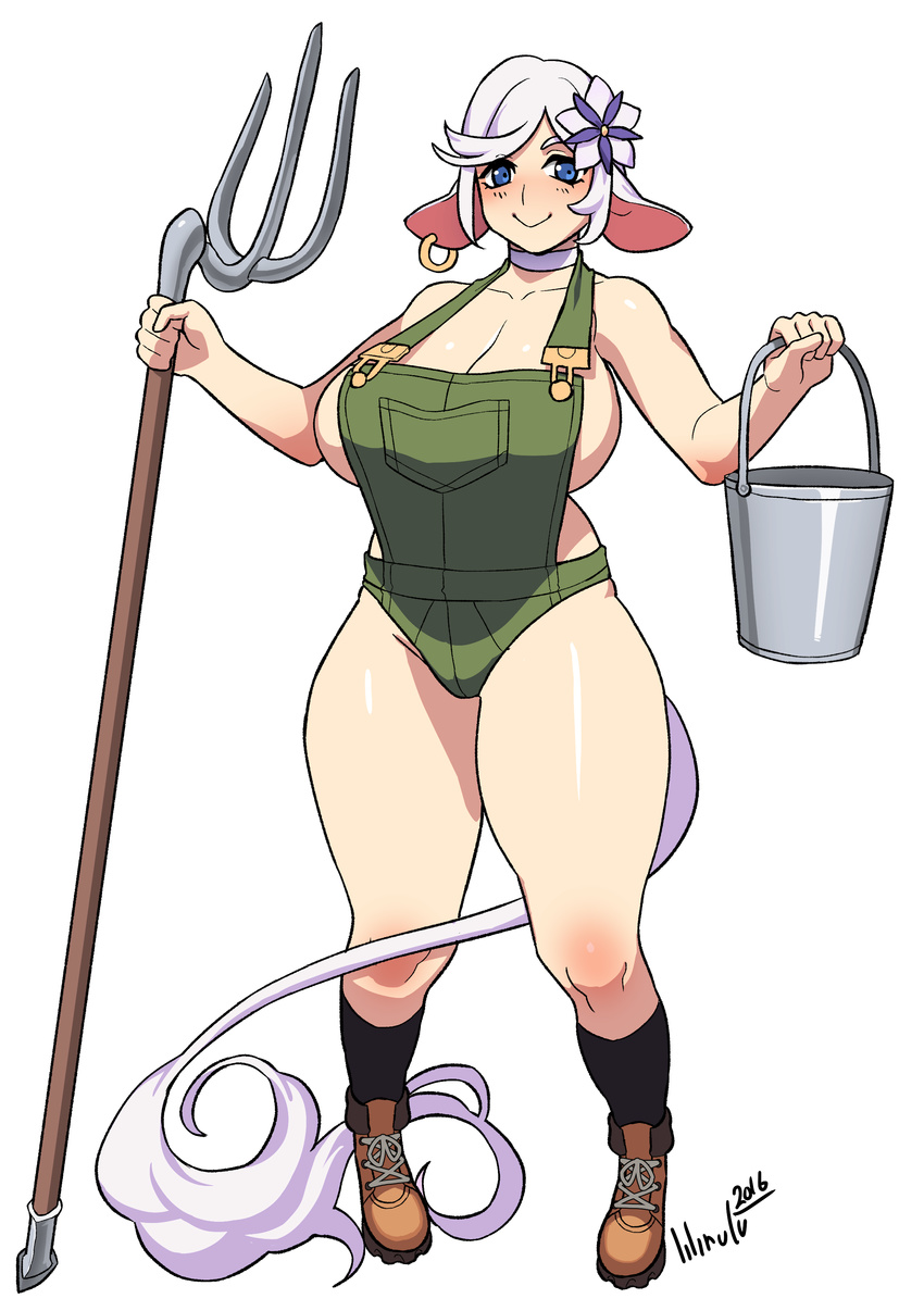 :&gt; absurdres animal_ears blue_eyes boots breasts bucket cow_ears cow_girl cow_tail flower full_body hair_flower hair_ornament highres huge_breasts lilirulu looking_at_viewer original pitchfork short_hair solo tail white_hair