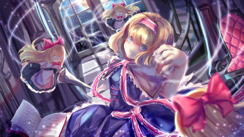 alice_margatroid apron bangs blonde_hair blue_dress blue_eyes book bow bowtie capelet closed_mouth commentary dress from_side hair_bow hairband indoors lance lolita_hairband looking_at_viewer looking_to_the_side moonlight nga_(artist) night night_sky open_book polearm puppet_rings puppet_strings red_bow red_neckwear sash shanghai_doll short_hair sky smile solo star_(sky) starry_sky touhou waist_apron weapon window