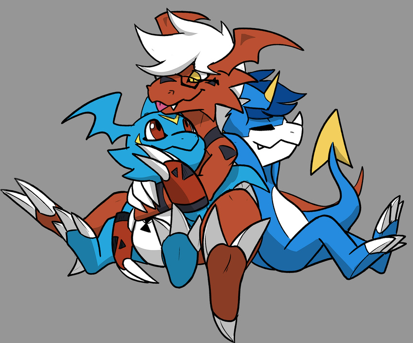 2017 blitzdrachin blue_hair claws cute digimon dragon eyewear fan_character giramon glasses group guilmon hair hi_res hybrid lizard male red_eyes reptile scalie silver_hair simple_background smile sol_(character) sol_the_guilmon sven_(character) sven_the_giramon toe_claws tongue vee4eva veemon vmon yami_(character) yami_the_veemon yellow_eyes