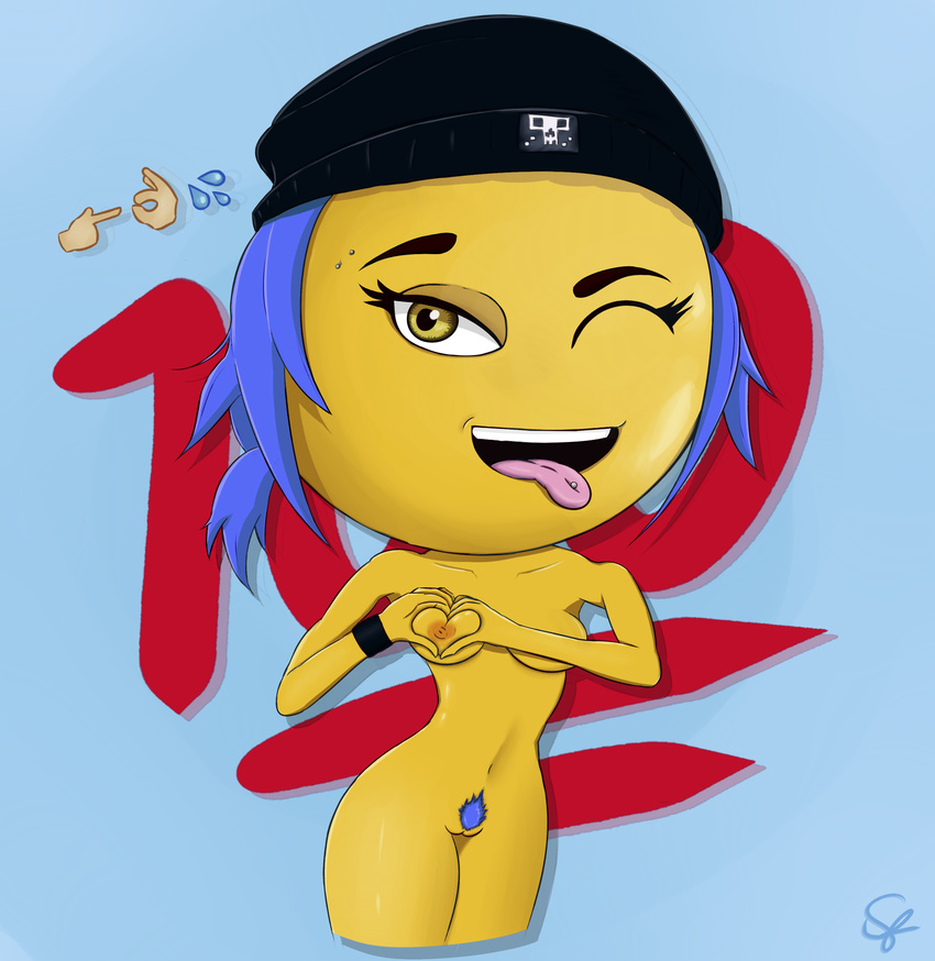 :p ;p beanie blue_hair breast_squeeze breasts emoji heart heart-shaped_boob_challenge jailbreak_(the_emoji_movie) navel pierced_tongue piercing pubic_hair pussy sexually_suggestive skindentation solefy solo the_emoji_movie tongue_out wink wristband yellow_eyes yellow_skin