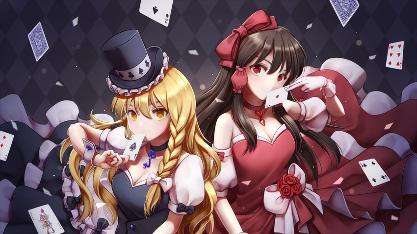 ace_of_hearts ace_of_spades adapted_costume american_flag_dress american_flag_legwear blonde_hair bow braid breasts brown_hair card cleavage clownpiece collar detached_sleeves dress dtvisu fairy_wings flower gloves hair_bow hair_tubes hakurei_reimu hat heart height_difference highres jester_cap kirisame_marisa magician medium_breasts multiple_girls neck_ruff playing_card red_dress rose side_braid single_braid star striped top_hat torch touhou wings wrist_cuffs yellow_eyes