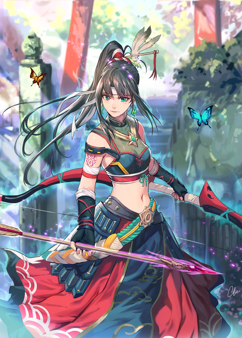 arrow bible_bullet black_hair blurry blurry_background bow_(weapon) bug butterfly clare_(543) earrings fingerless_gloves gloves green_eyes highres insect jewelry long_hair looking_at_viewer midriff navel necklace outdoors ponytail skirt solo standing tattoo torii weapon