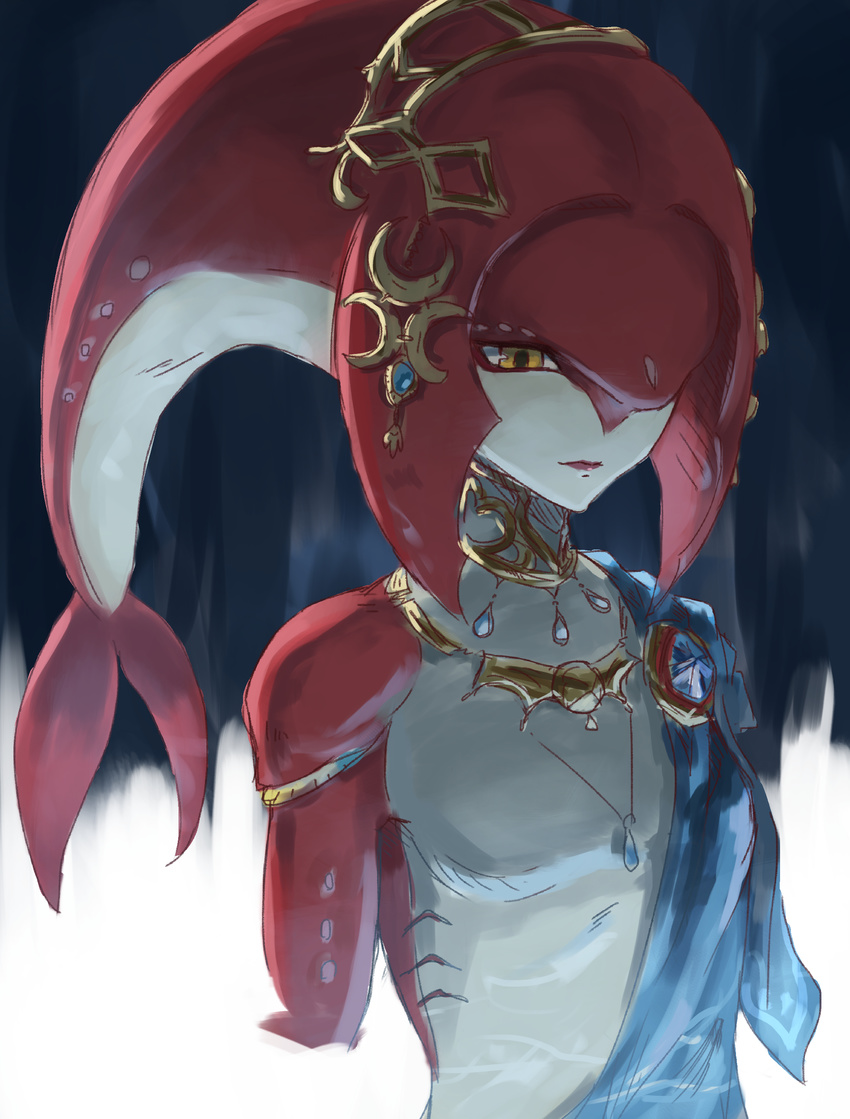 absurdres commentary fins fish_girl hair_ornament half-closed_eyes highres jewelry lipstick makeup mipha multicolored multicolored_skin na_(oagenosuke) necklace solo the_legend_of_zelda the_legend_of_zelda:_breath_of_the_wild upper_body yellow_eyes zora