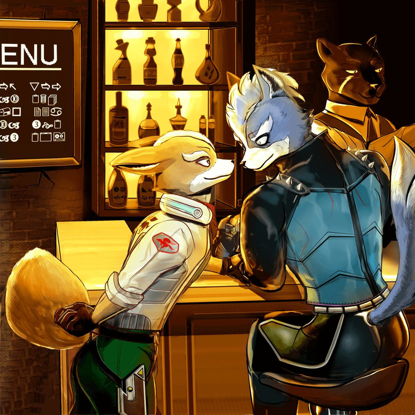 anthro canine clothed clothing evelmanian feline fox fox_mccloud fully_clothed male male/male mammal nintendo panther panther_caroso star_fox video_games wolf wolf_o'donnell