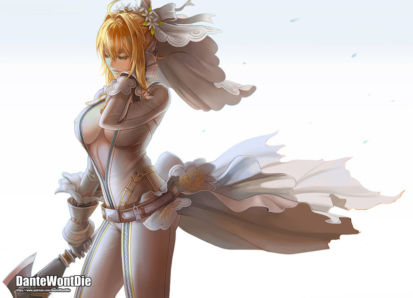 artist_name banned_artist belt blonde_hair bodysuit breasts cleavage fate/extra fate/extra_ccc fate_(series) flower gloves green_eyes hair_flower hair_ornament large_breasts nero_claudius_(bride)_(fate) nero_claudius_(fate)_(all) short_hair simple_background solo watermark weapon web_address yinan_cui zipper