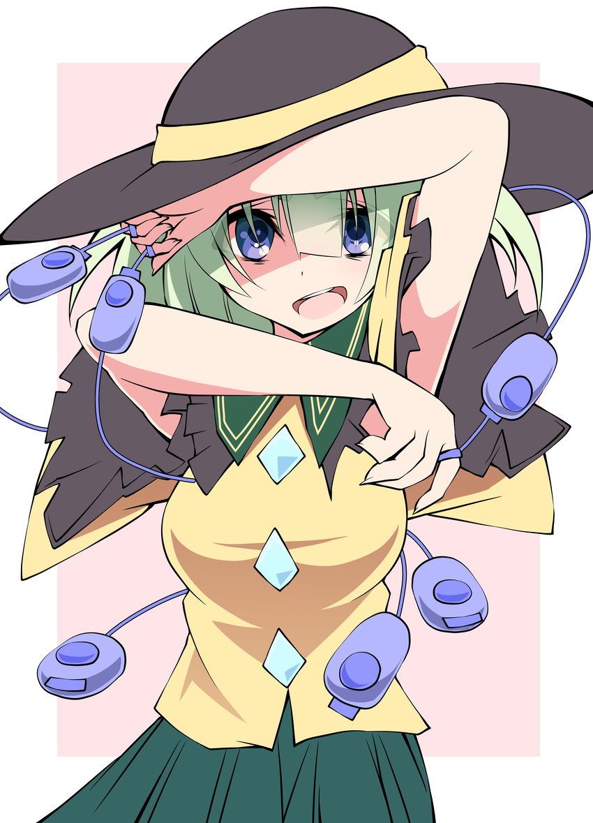 absurdres arms_up bad_id bad_pixiv_id bags_under_eyes black_hat blue_eyes bow breasts collared_shirt crime_prevention_buzzer frilled_shirt_collar frills green_hair green_skirt hat highres komeiji_koishi medium_breasts open_mouth round_teeth sad_smile sakakiba_misogi shaded_face shirt short_hair skirt solo teeth touhou wide_sleeves yellow_bow yellow_shirt