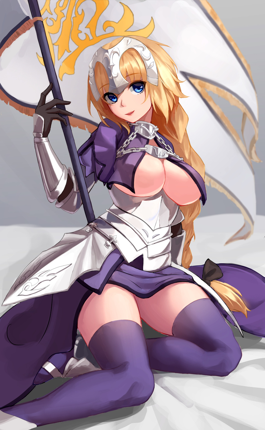 absurdres armor bad_id bad_pixiv_id bangs black_bow blue_legwear bow braid breasts chain cleavage commentary_request eyebrows_visible_through_hair fate/apocrypha fate_(series) faulds gauntlets hair_bow headpiece highres jeanne_d'arc_(fate) jeanne_d'arc_(fate)_(all) large_breasts loading_(vkjim0610) long_hair looking_at_viewer no_bra parted_lips single_braid sitting smile solo standard_bearer thighhighs underboob very_long_hair yokozuwari